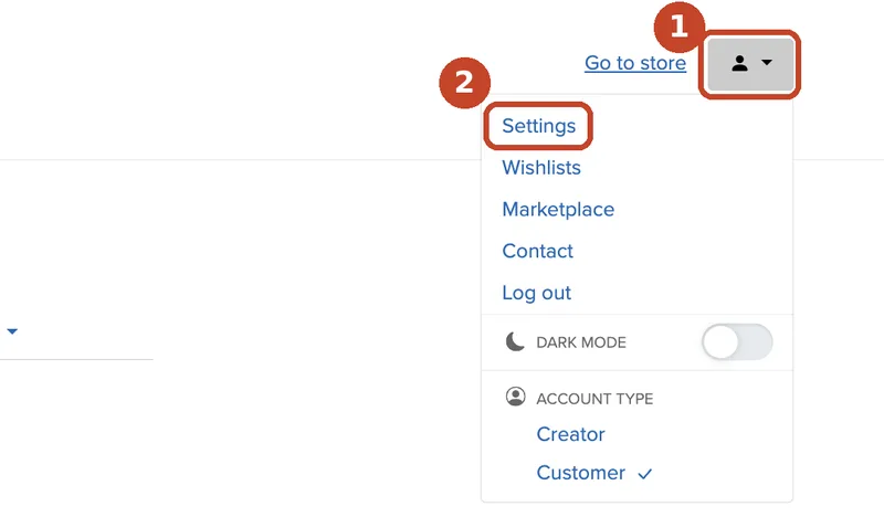 Menú de la cuenta de Payhip con el icono de persona (1) y la opción Settings (2) resaltados