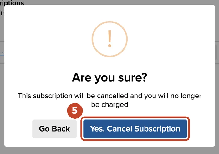Ventana de confirmación de Payhip con el botón Yes, Cancel Subscription (5) resaltado